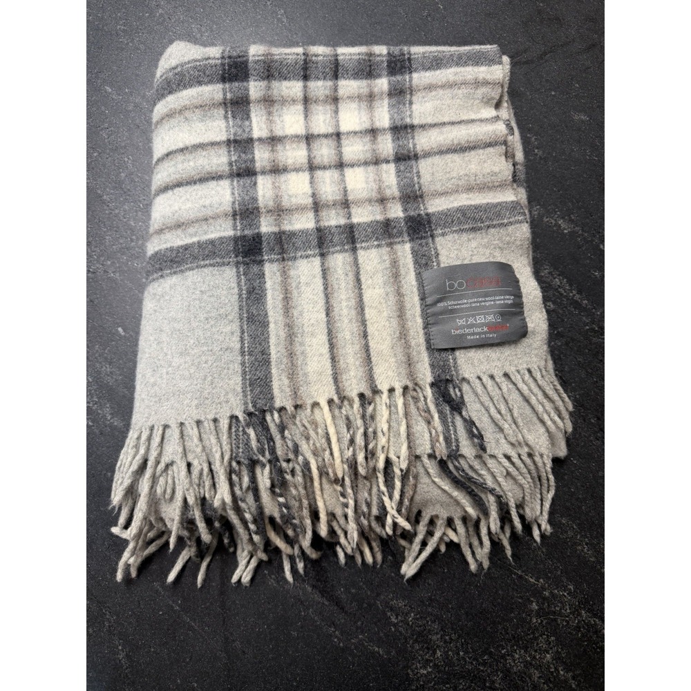 Bocasa Biederlack Italy 100% Pure New Wool Plaid Throw Blanket Gray 48x54"